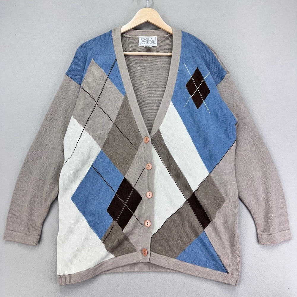 Vintage Cardigan Sweater Womens M Brown Blue Argyle Button Front Preppy